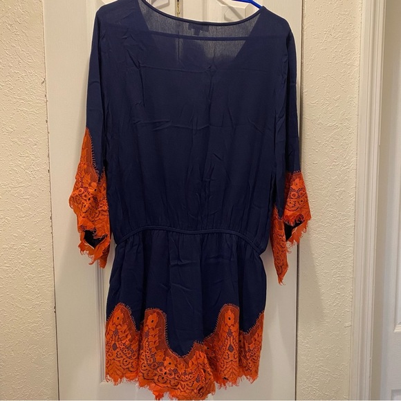 - Umgee romper. Navy Blue with lace orange, Size M, 3/4 sleeves. - Picture 3 of 11